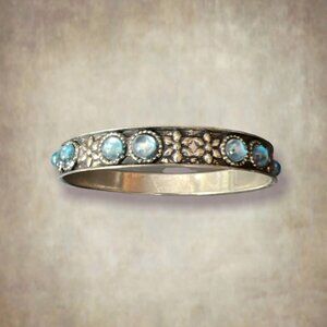 Ornate Silver Bangle Bracelet with Etched Silver Flowers and Lt Blue Stones